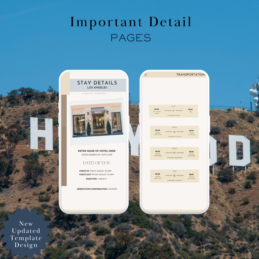Los Angeles hotel and transportation page in travel itinerary