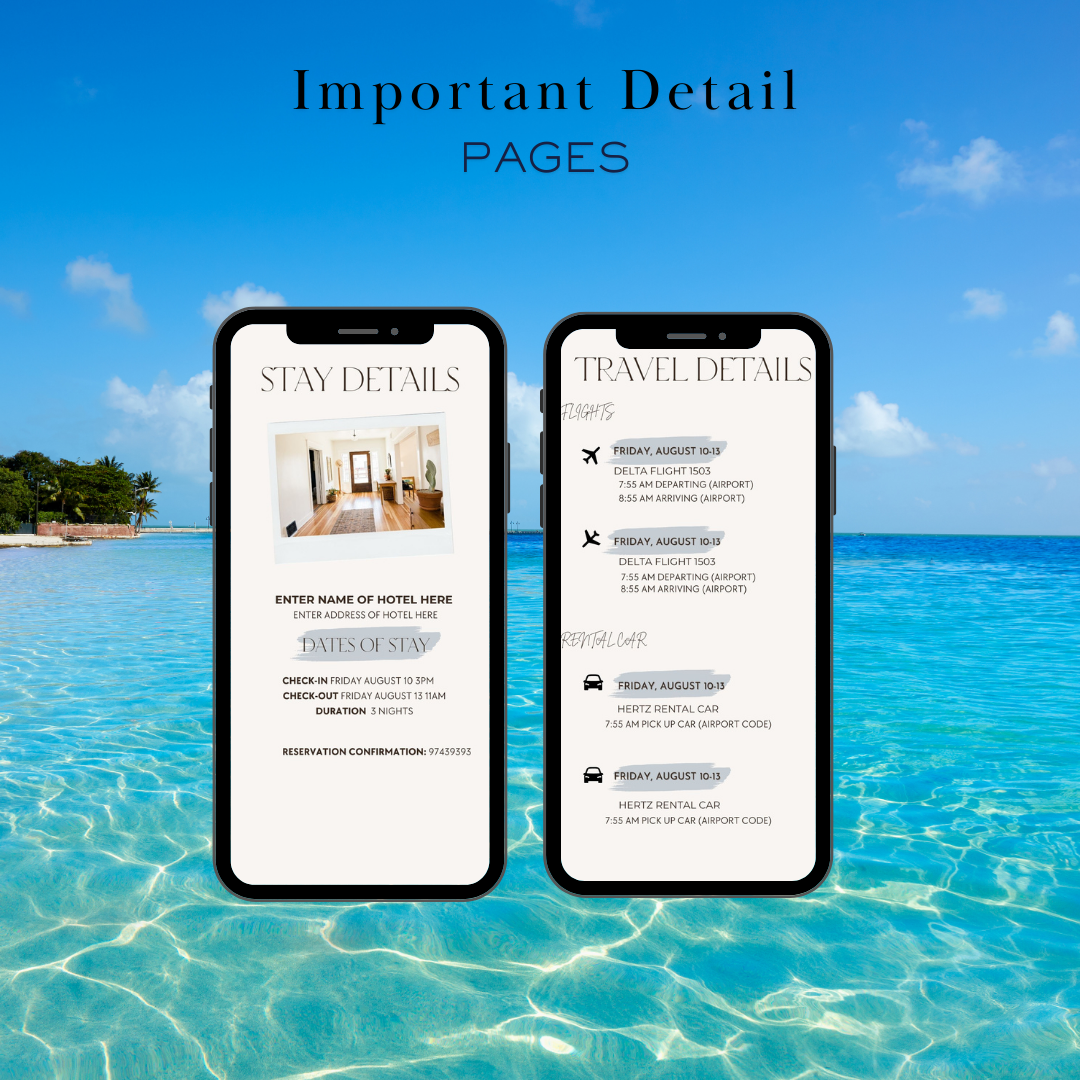 Key West Florida hotel and transportation page in travel itinerary