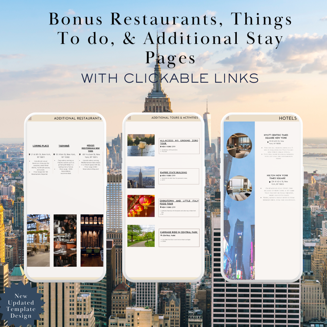 New York Itinerary additional activities and restaurants page in travel itinerary