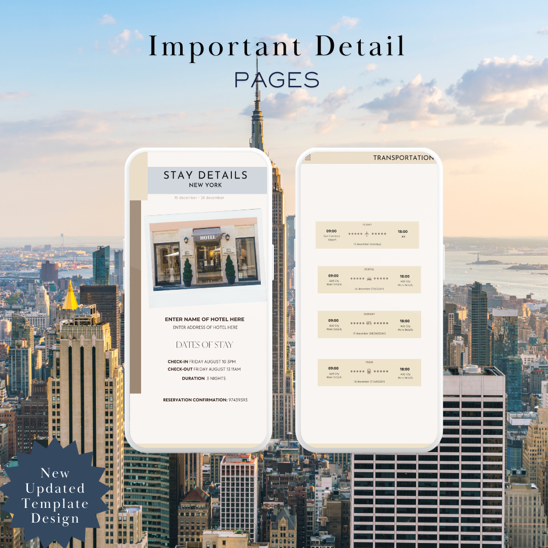 New York Itinerary hotel and transportation page in travel itinerary