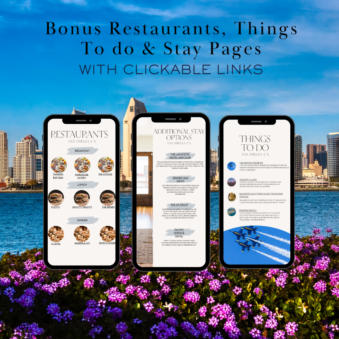 San Diego additional activities and restaurants page in travel itinerary