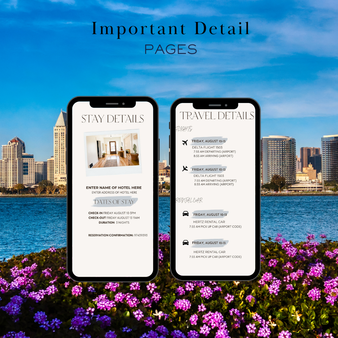 San Diego hotel and transportation page in travel itinerary