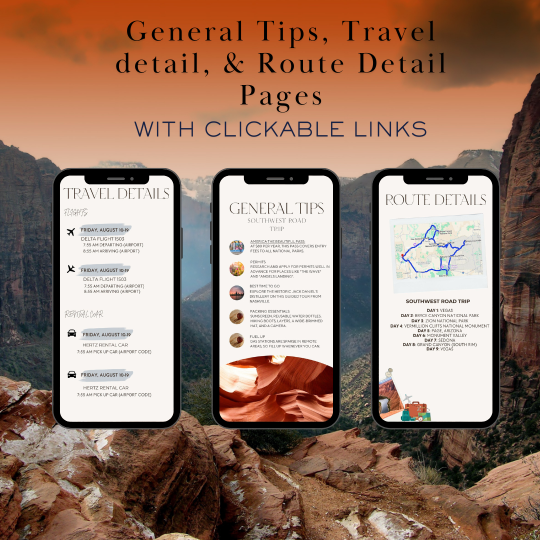 Southwest Road Trip additional activities and maps page in travel itinerary