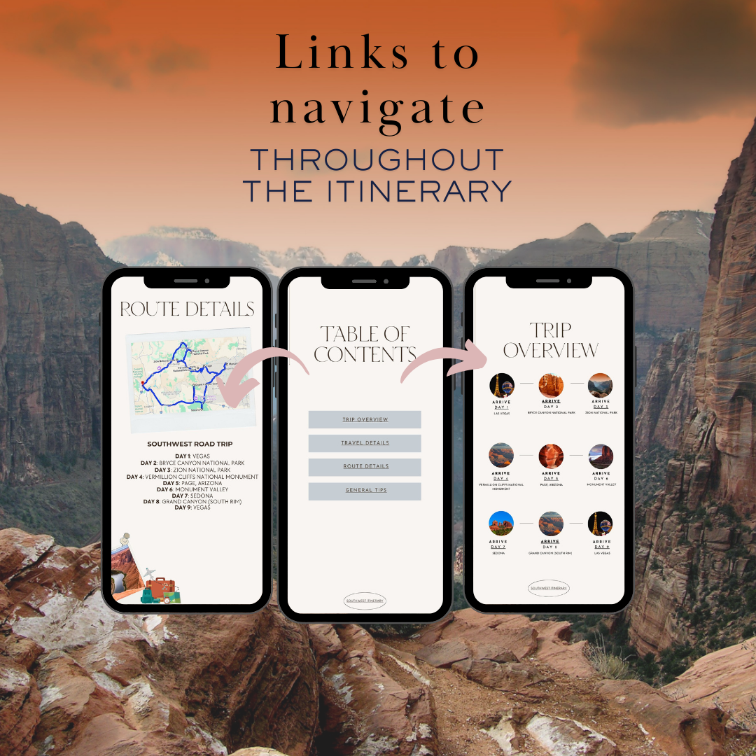 Southwest Road Trip clickable links in travel itinerary