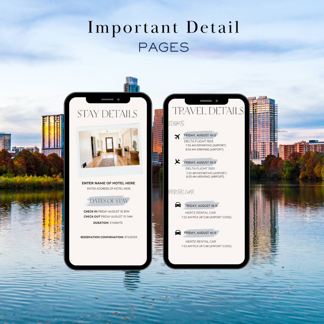 Austin Texas hotel and transportation page in travel itinerary 