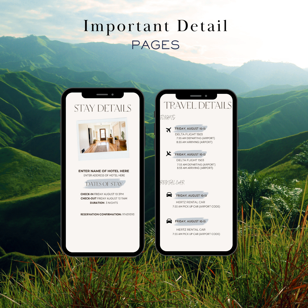 Blue Ridge GA hotel and transportation page in travel itinerary 