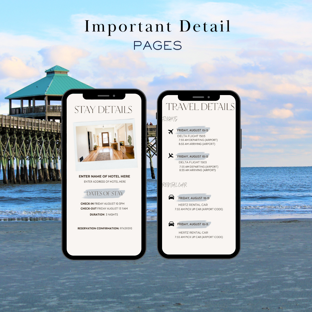 Charleston SC hotel and transportation page in travel itinerary 
