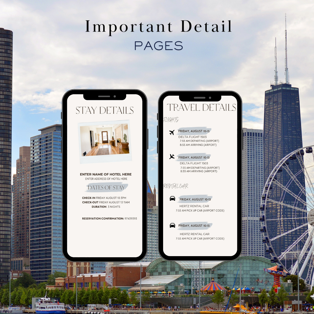 Chicago IL hotel and transportation page in travel itinerary