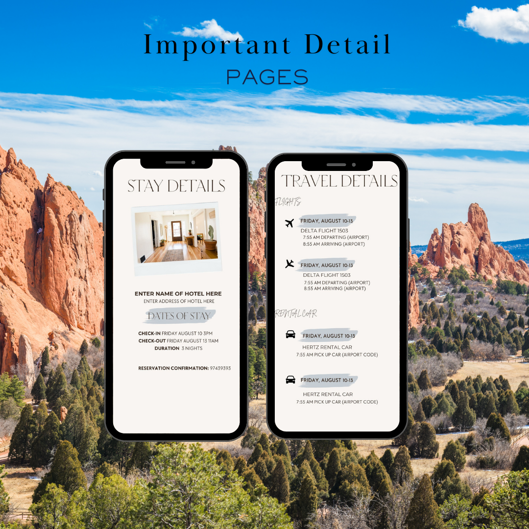 Colorado Springs hotel and transportation page in travel itinerary
