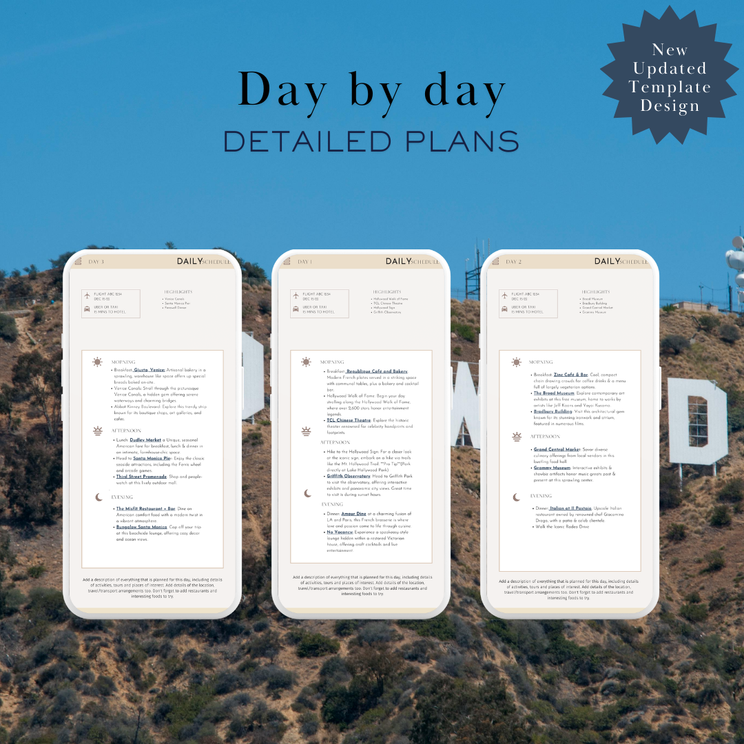 Los Angeles 3 day planned travel itinerary