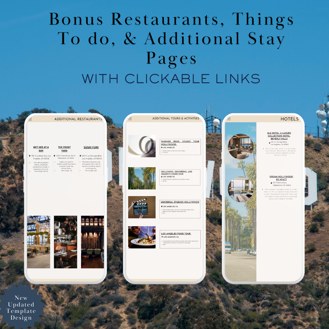 Los Angeles additional activities and restaurants page in travel itinerary