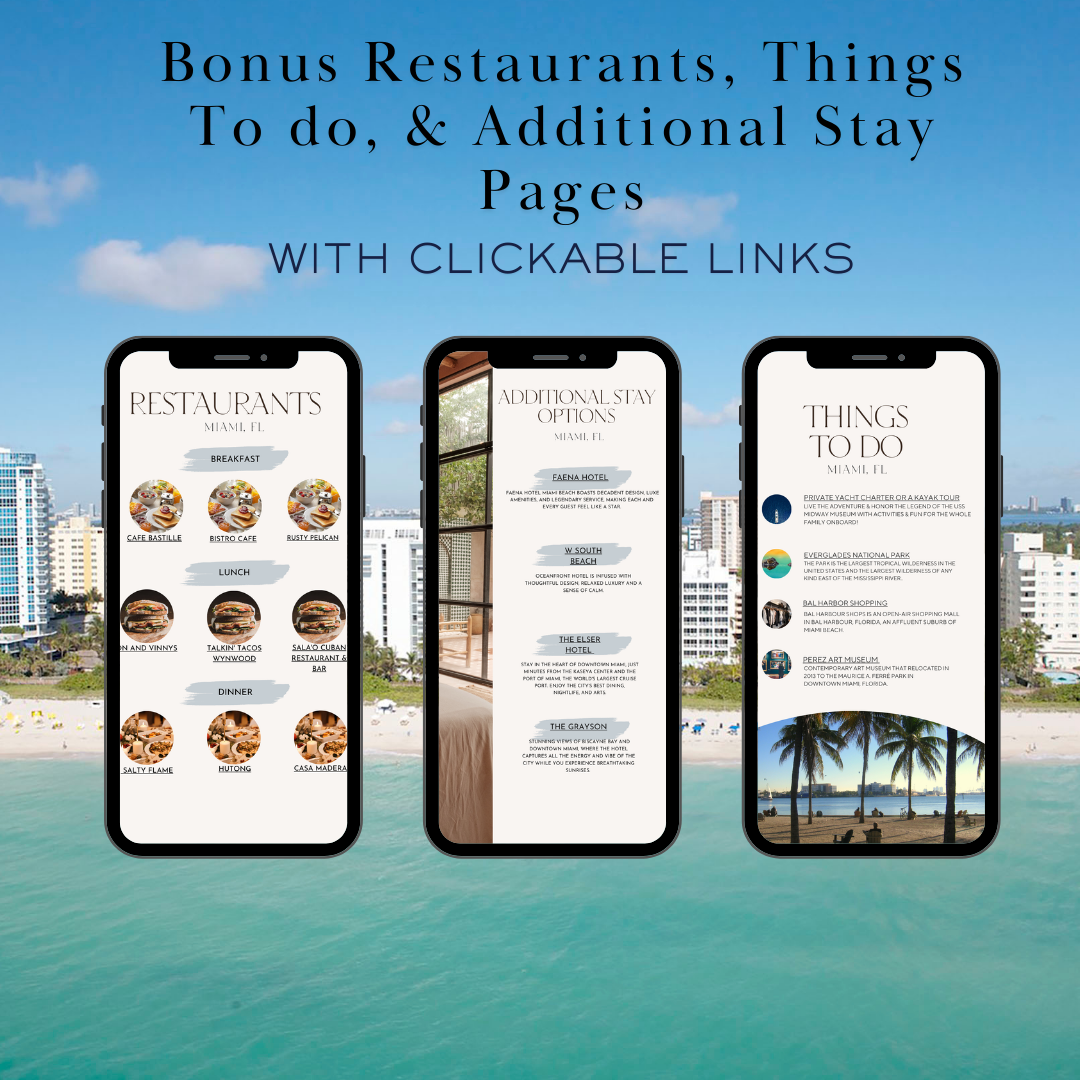 Miami FL additional activities and restaurants page in travel itinerary