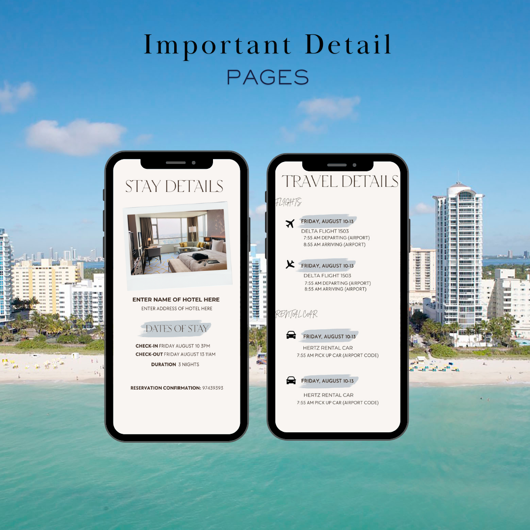Miami FL hotel and transportation page in travel itinerary
