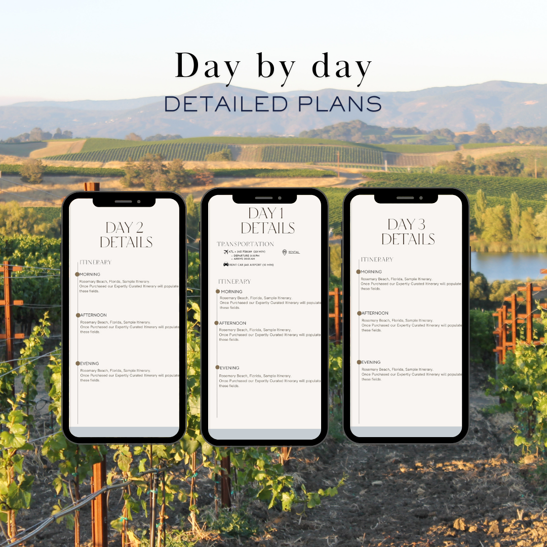 Napa Valley 3 day planned travel itinerary