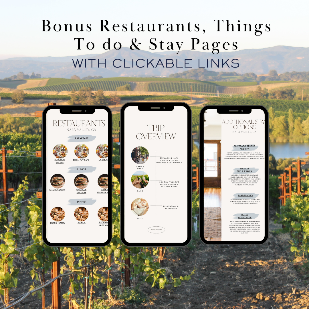 Napa Valley additional activities and restaurants page in travel itinerary