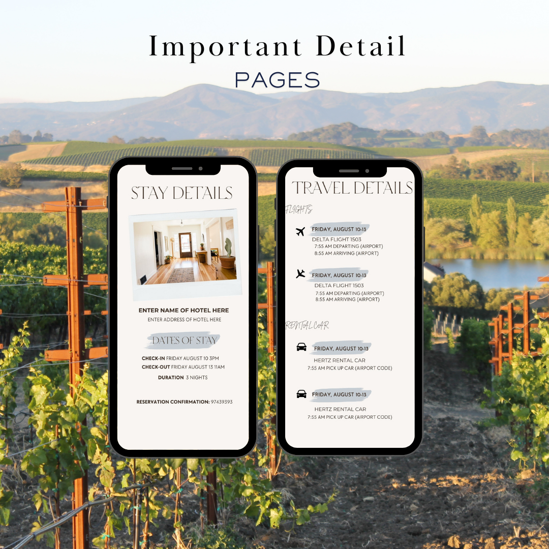 Napa Valley hotel and transportation page in travel itinerary