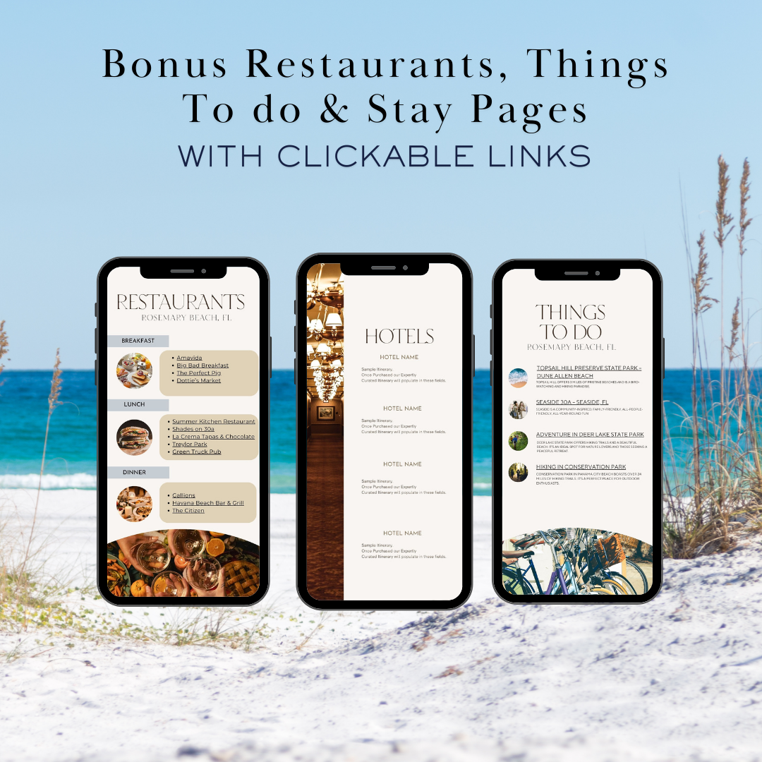 Rosemary Beach additional activities and restaurants page in travel itinerary