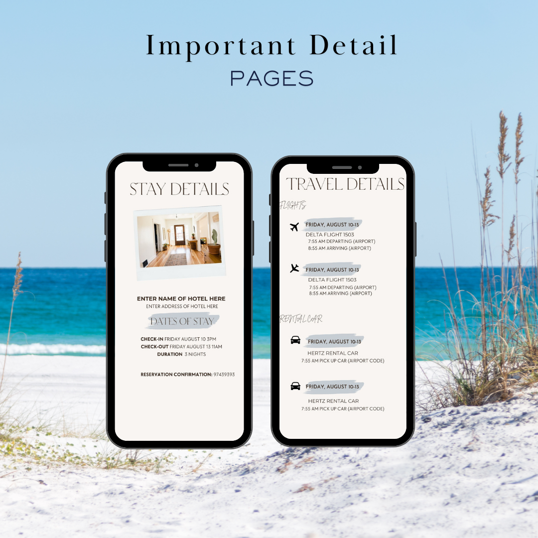 Rosemary Beach hotel and transportation page in travel itinerary 
