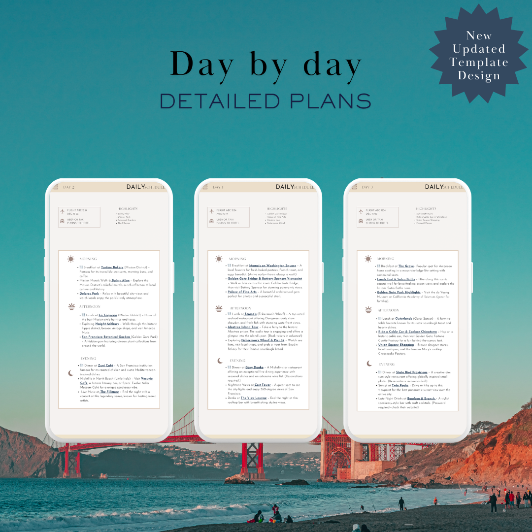 San Francisco 3 day planned travel itinerary