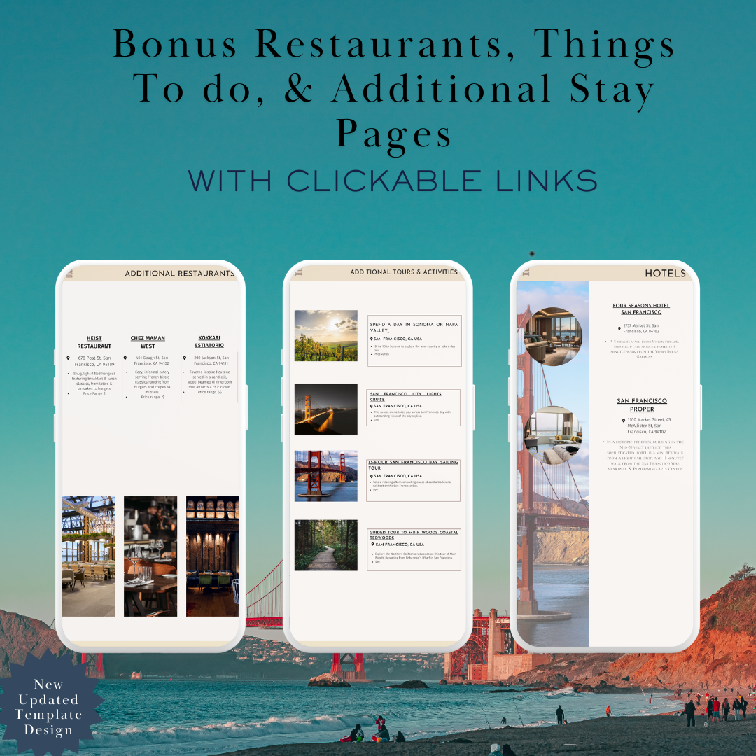 San Francisco additional activities and restaurants page in travel itinerary