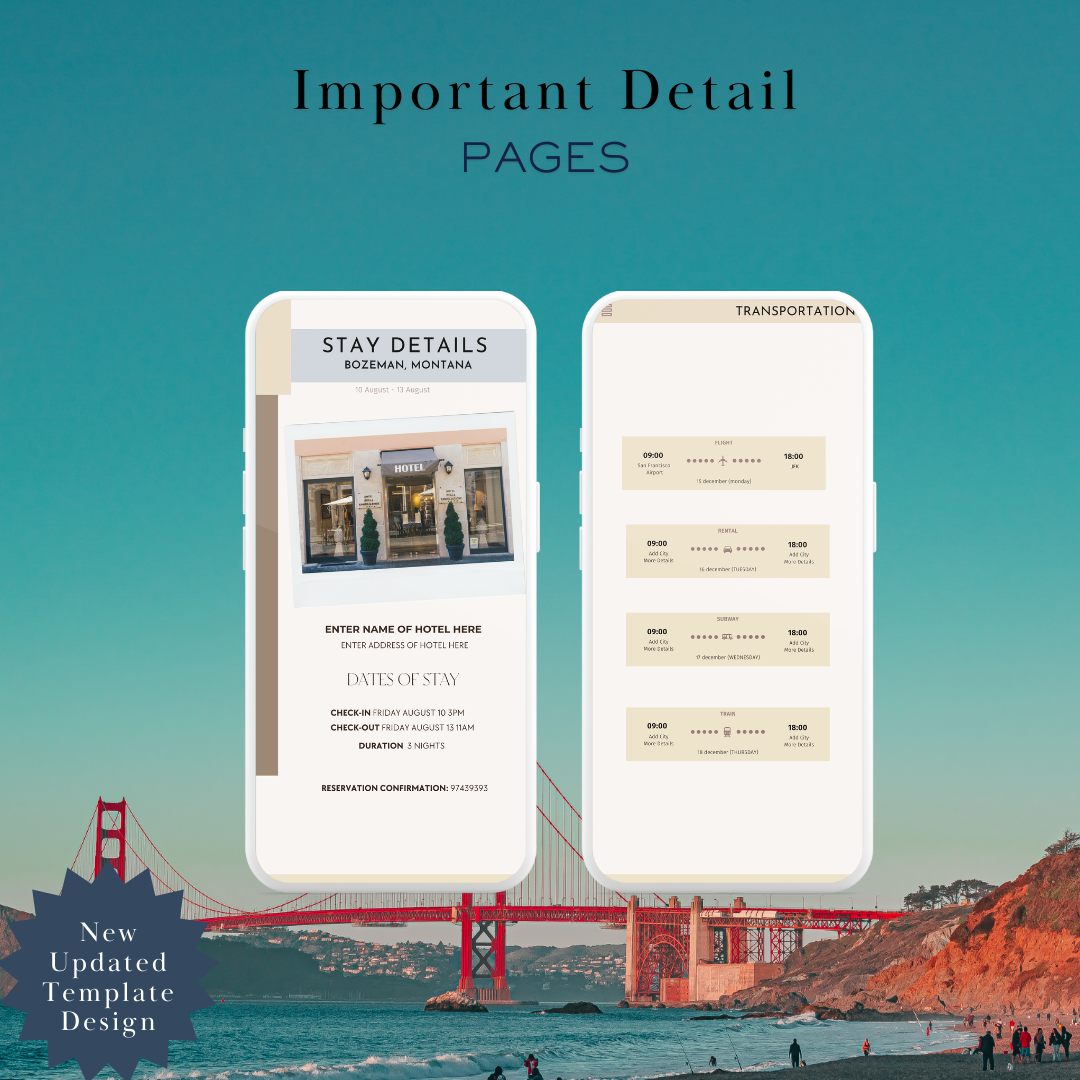 San Francisco hotel and transportation page in travel itinerary