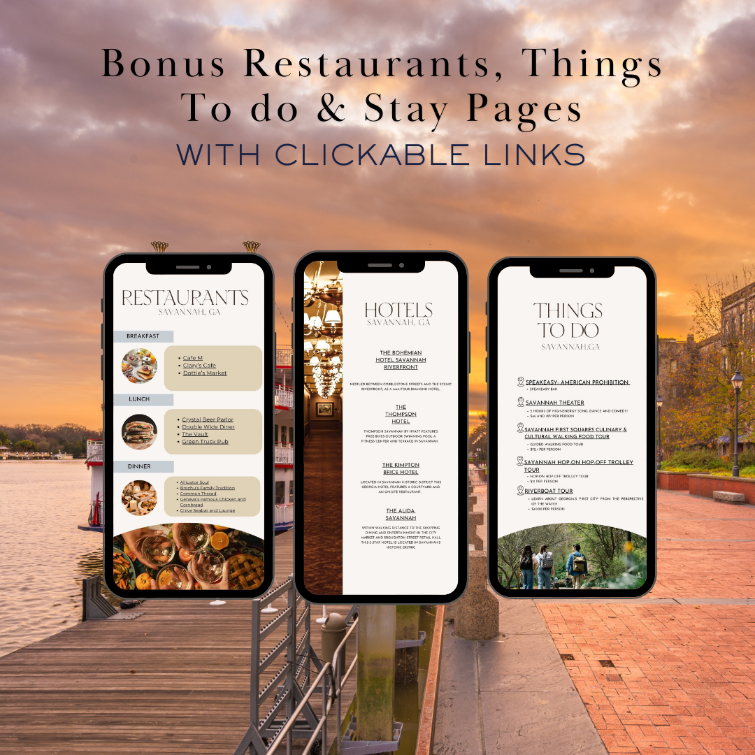 Savannah GA additional activities and restaurants page in travel itinerary