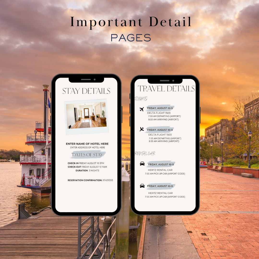 Savannah GA hotel and transportation page in travel itinerary 