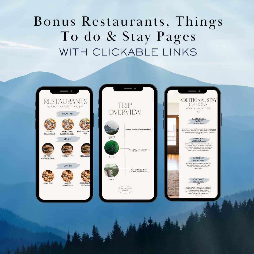Smokey Mountains additional activities and restaurants page in travel itinerary