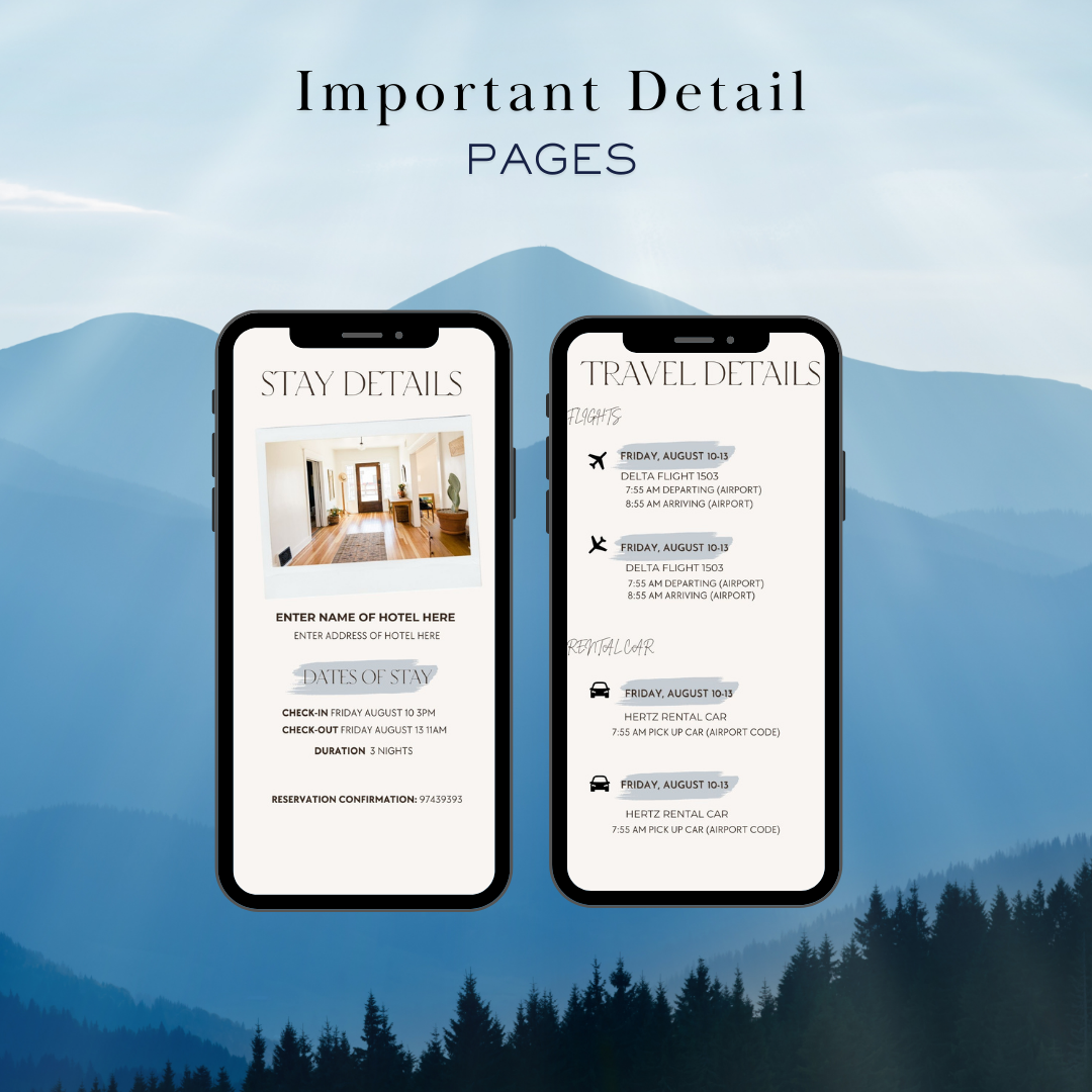 Smokey Mountains hotel and transportation page in travel itinerary