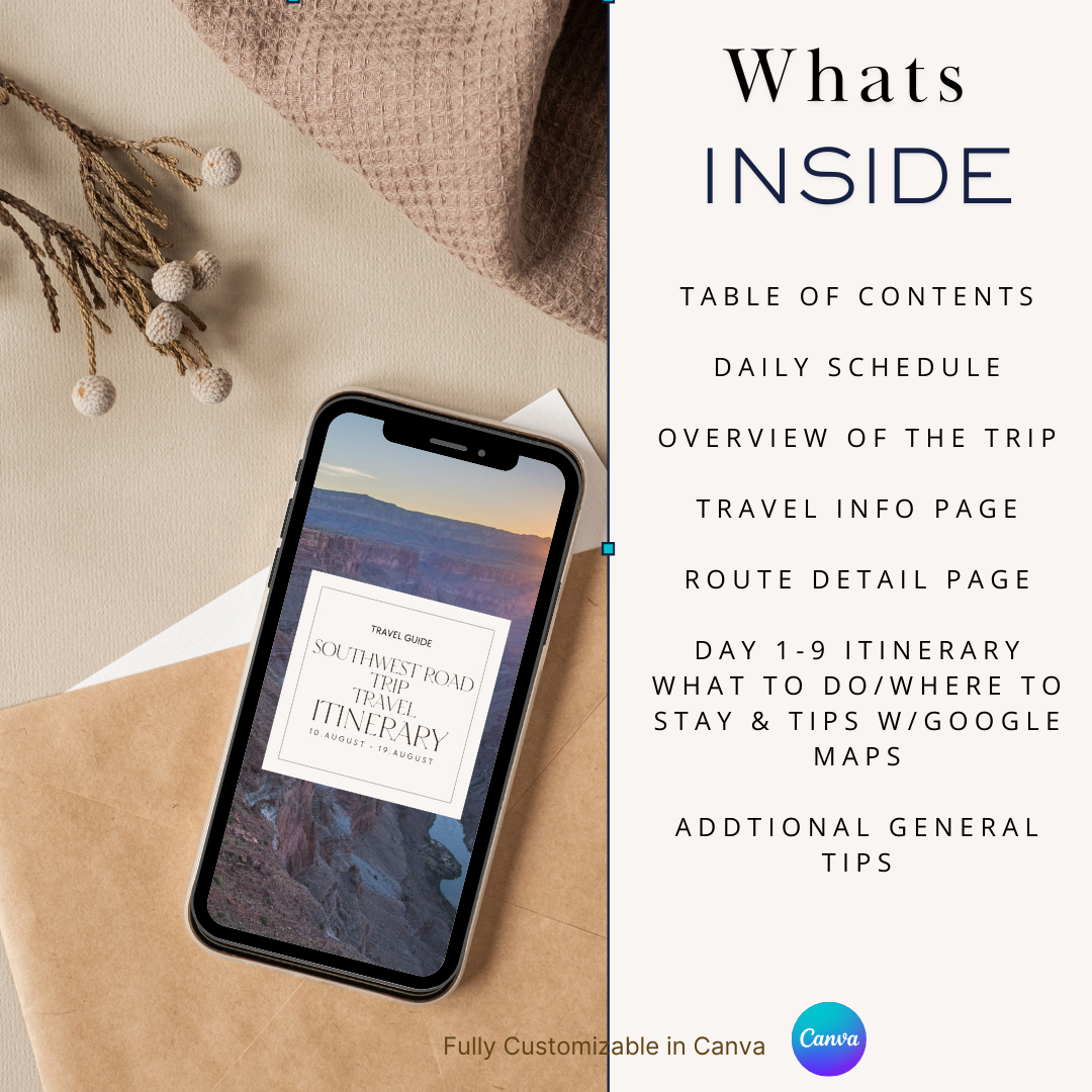 Southwest Road Trip downloadable and editable itinerary whats included