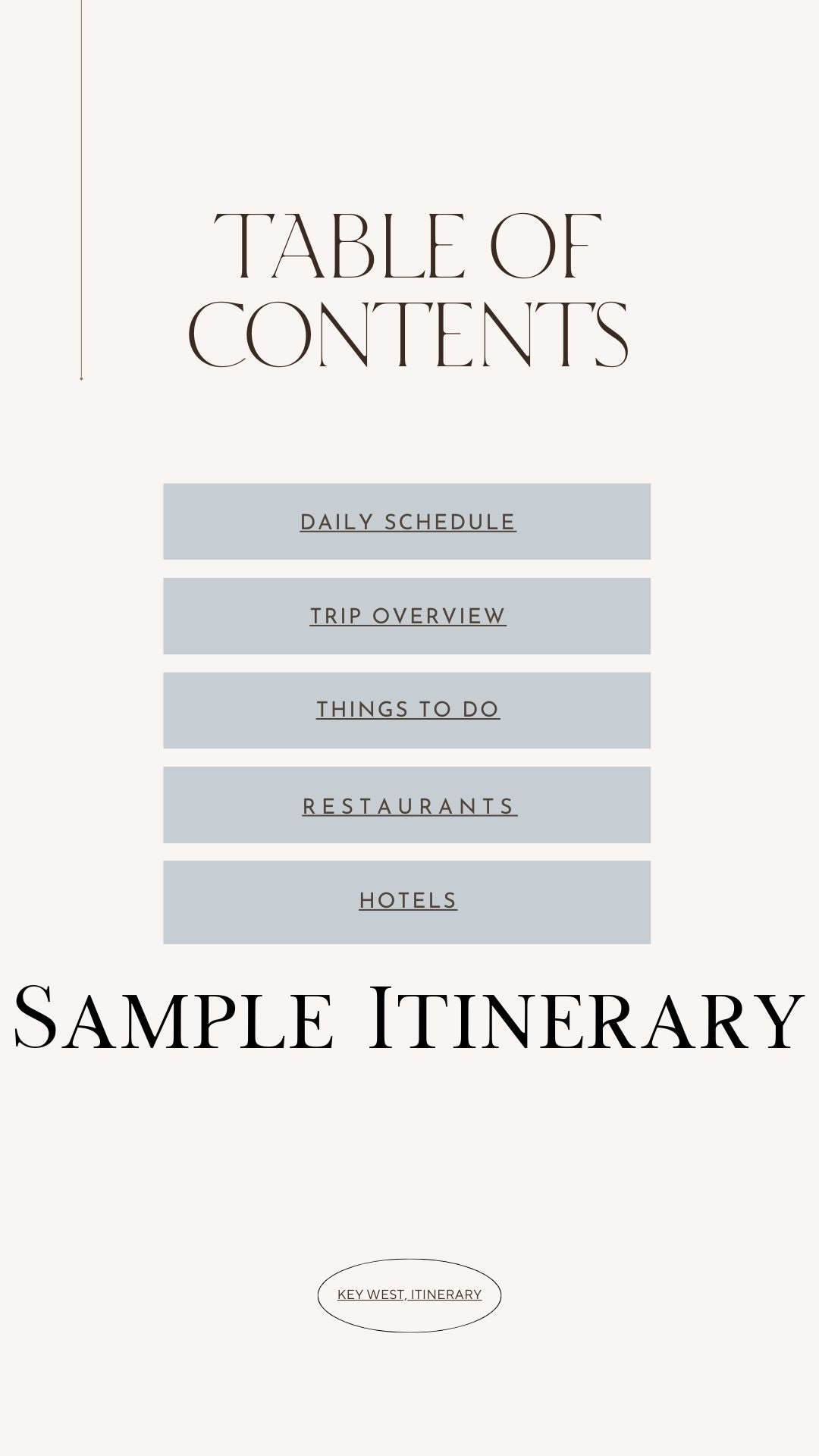 Key West Sample Itinerary table of contents