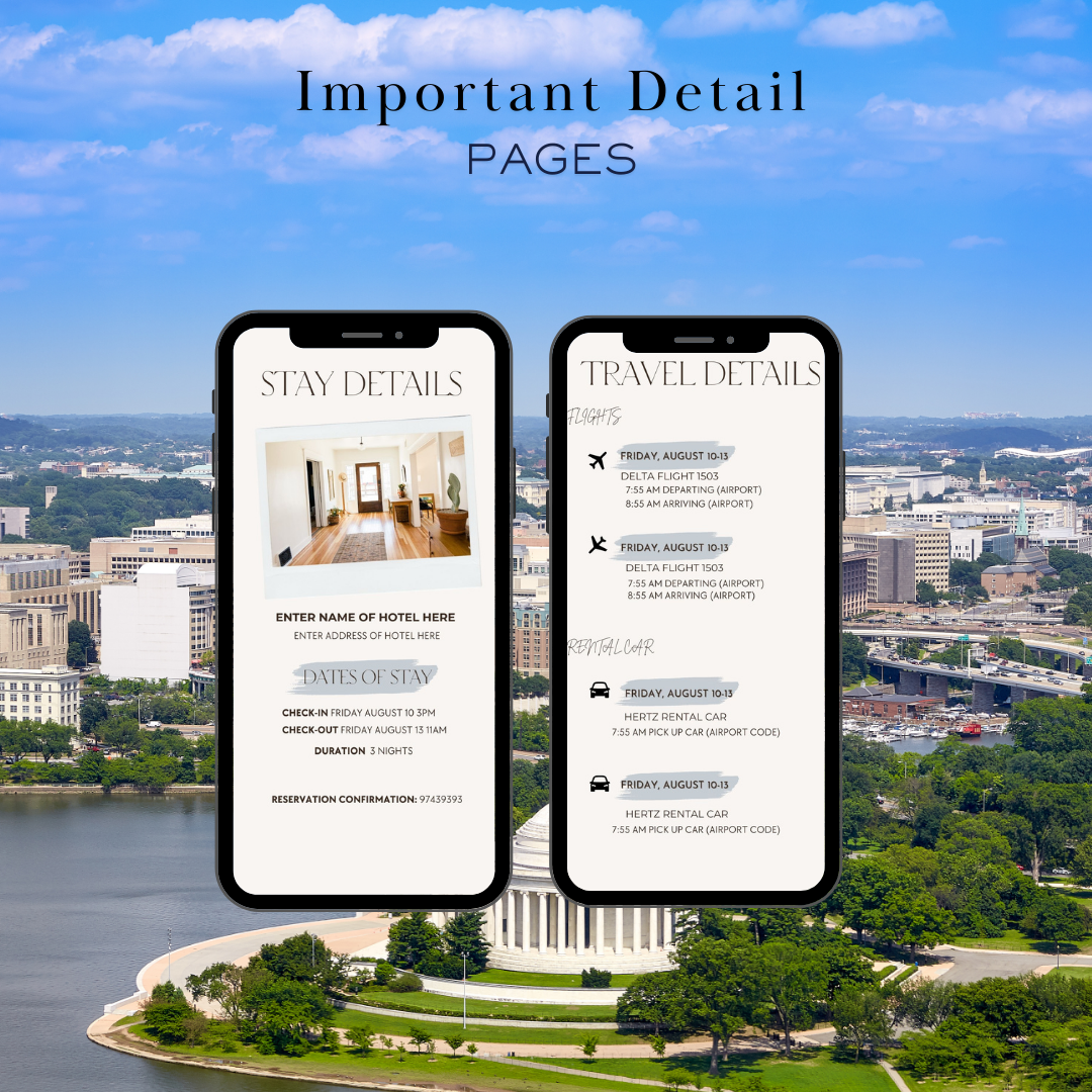 Washington DC hotel and transportation page in travel itinerary