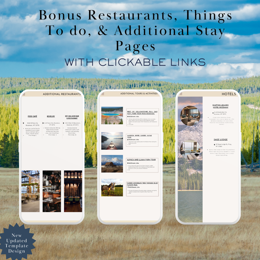 Bozeman Montana additional activities and restaurants page in travel itinerary
