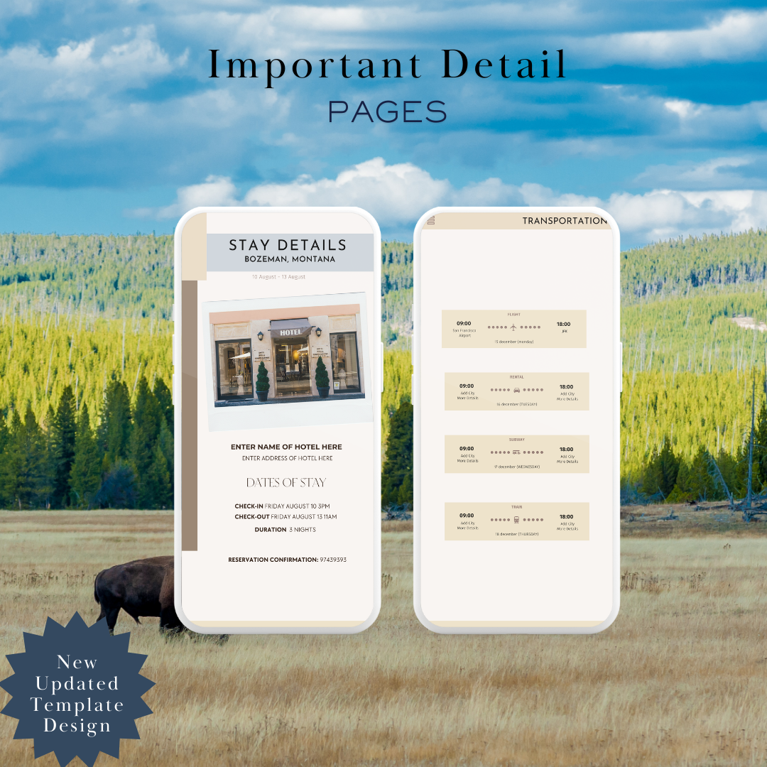 Bozeman Montana hotel and transportation page in travel itinerary 