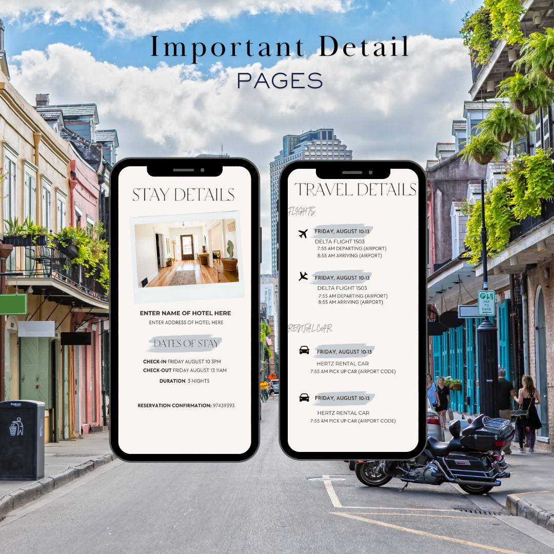 New Orleans hotel and transportation page in travel itinerary