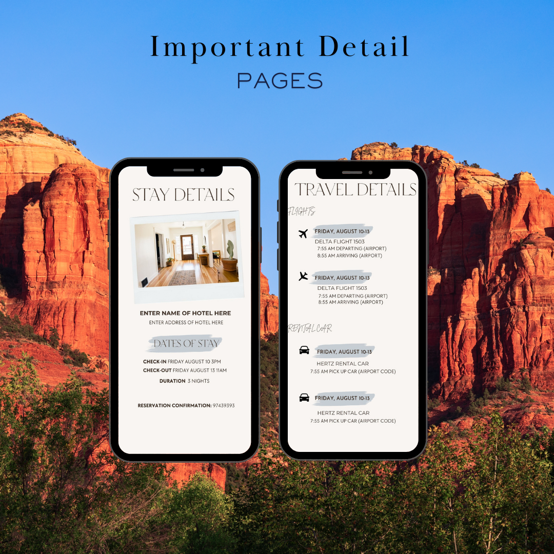 Sedona Arizona hotel and transportation page in travel itinerary 